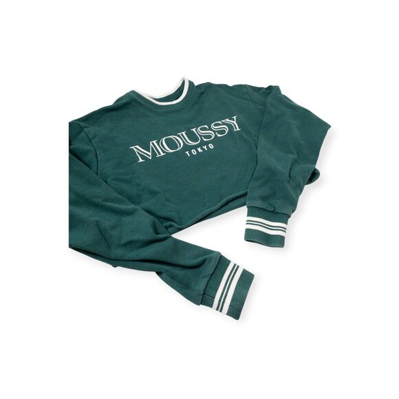 Moussy Tokyo Green Cropped Sweatshirt With Striped Cuffs & Collar Free Size 100% - Picture 2 of 10